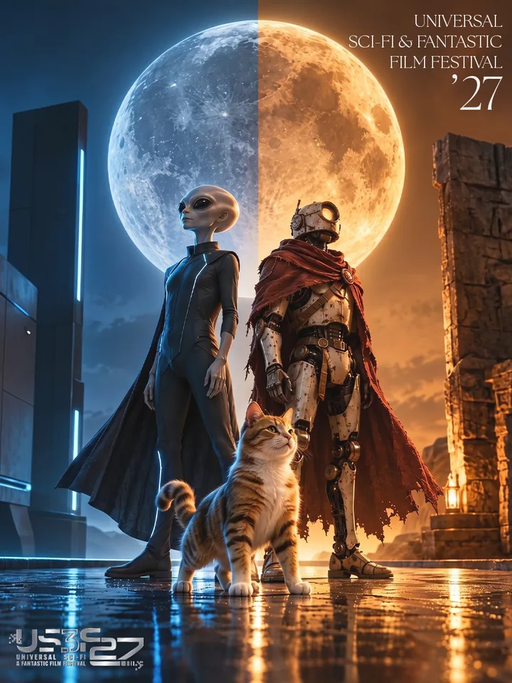 US3F 2027 festival poster: two travellers before the moon